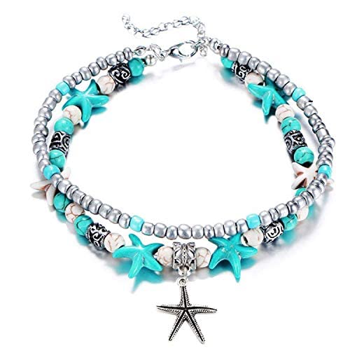 Antique Silver Multi-Layer Boho Turquoise Anklet for Women
