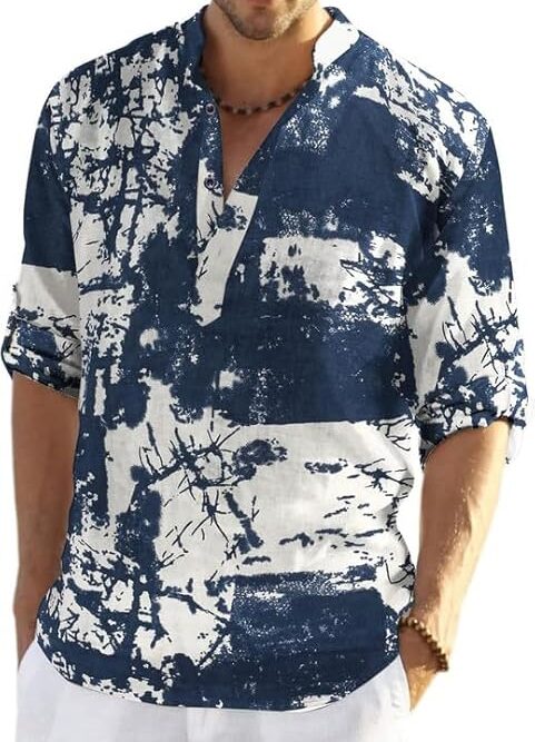 Cotton Blend Full Sleeve Printed Short Kurta with Mandarin Collar