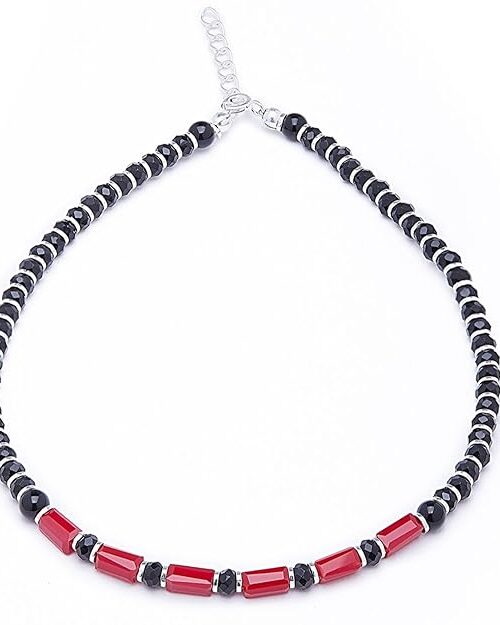 925 Sterling Silver Red & Black Rhodium Beaded Adjustable Anklet