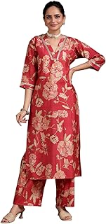 Grey Silk Blend Printed Kurta Sets for Women