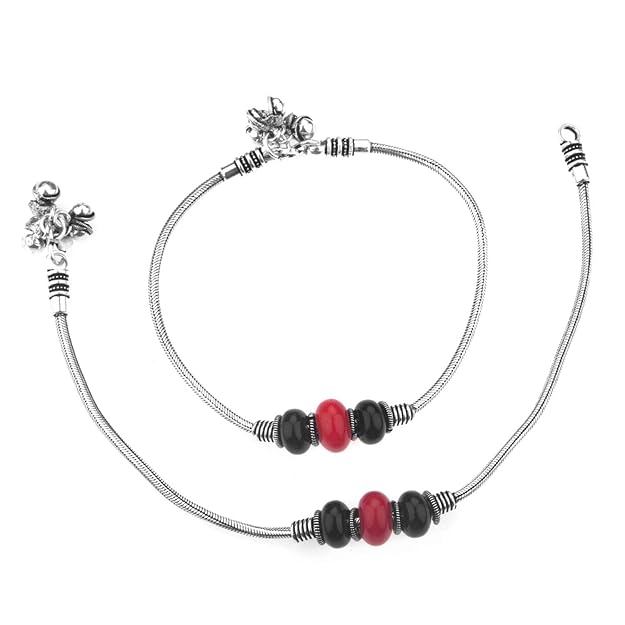 Vintage Oxidized Silver Bell Anklet Pair for Women (2 Pc)