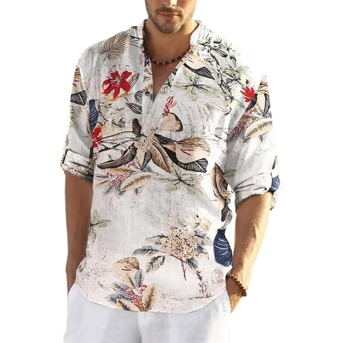 Cotton Blend Full Sleeve Printed Short Kurta with Mandarin Collar