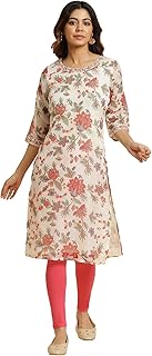 Women's Cotton Relaxed Fit Casual Ecru Kota Kurta with Floral Print