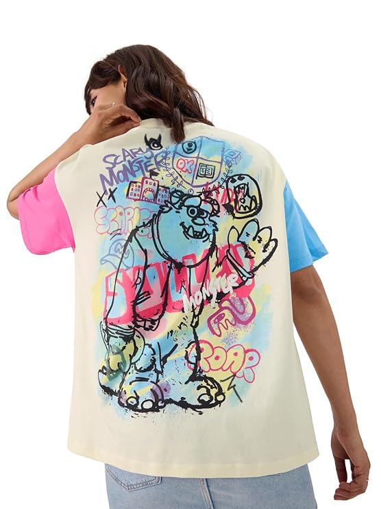 Short Sleeve Round Neck Multicolor Graphic Printed Cotton Oversized