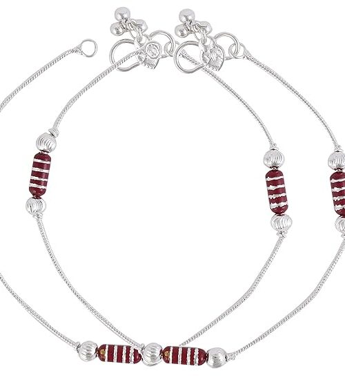 Red Beaded Traditional Silver Plated Anklets for Girls & Women