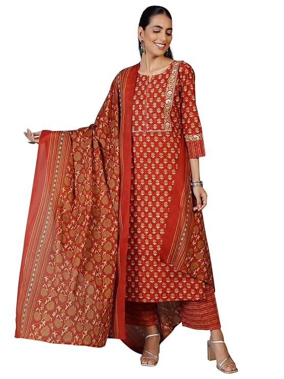 Women's Printed Cotton Straight Kurta With Palazzo & Dupatta