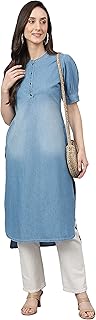 Women's Light Blue Denim Solid High Low Kurta